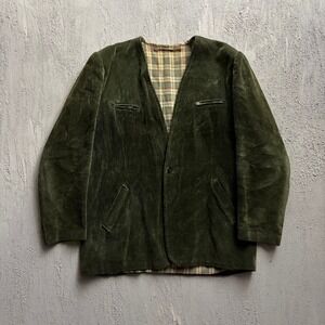 Vintage Corduroy Blazer Jacket Medium Green 1970s Plaid Lined Collarless V-Neck